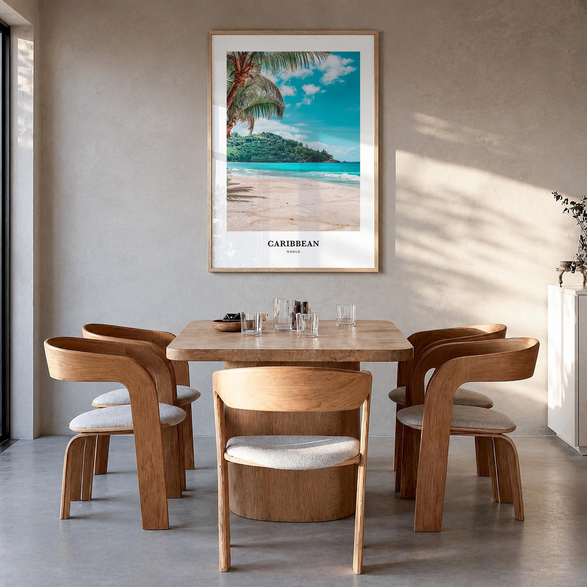 Caribbean no. 2 colorful classic poster of World – vertical wall art in natural wood frame, hanging on wall