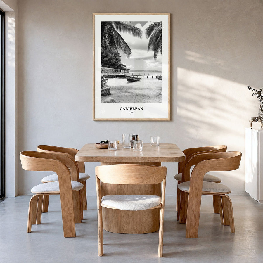 Caribbean Classic No 1 Poster in a natural wood frame, hanging in a dining room