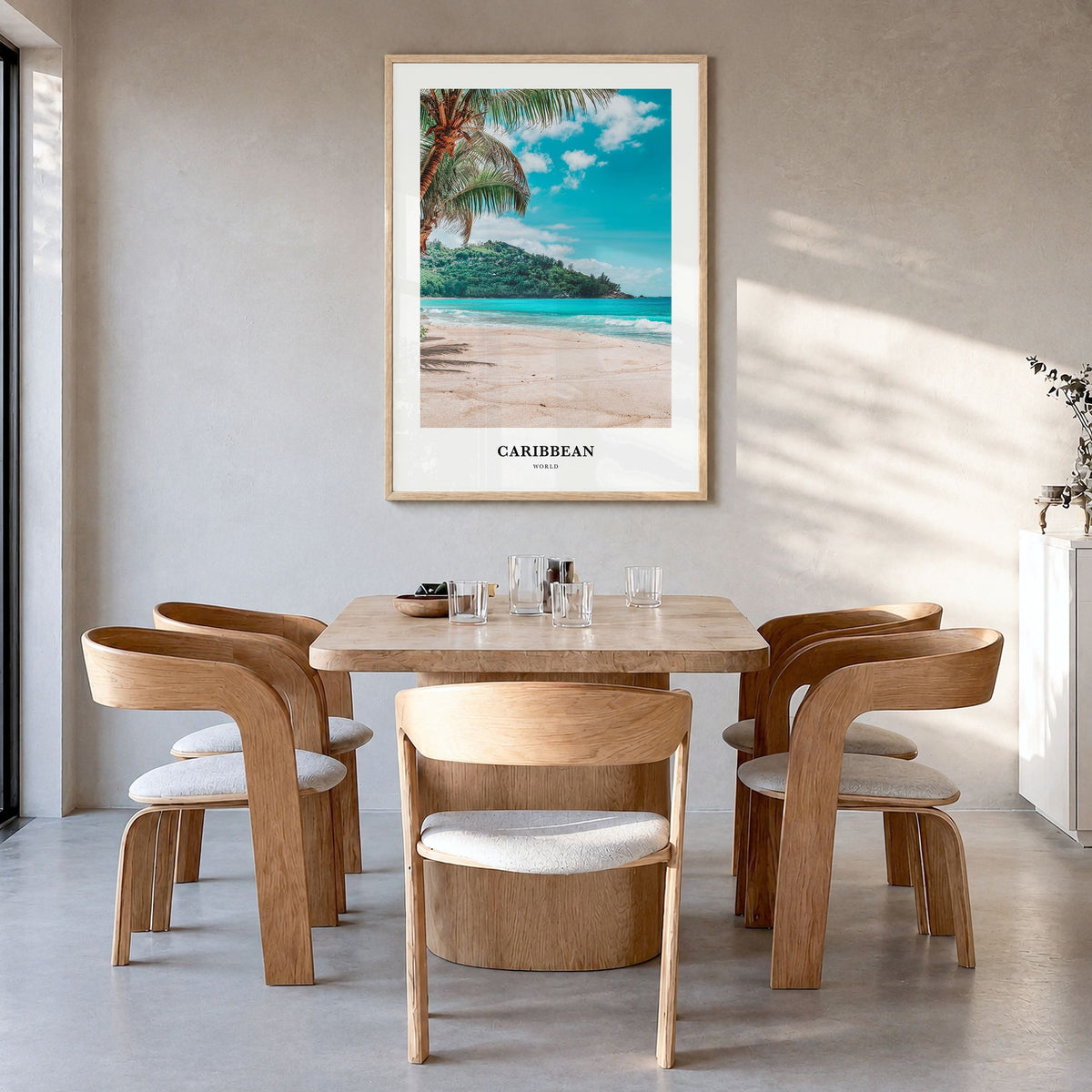 Caribbean Classic No 2 Poster in a natural wood frame, hanging in a dining room