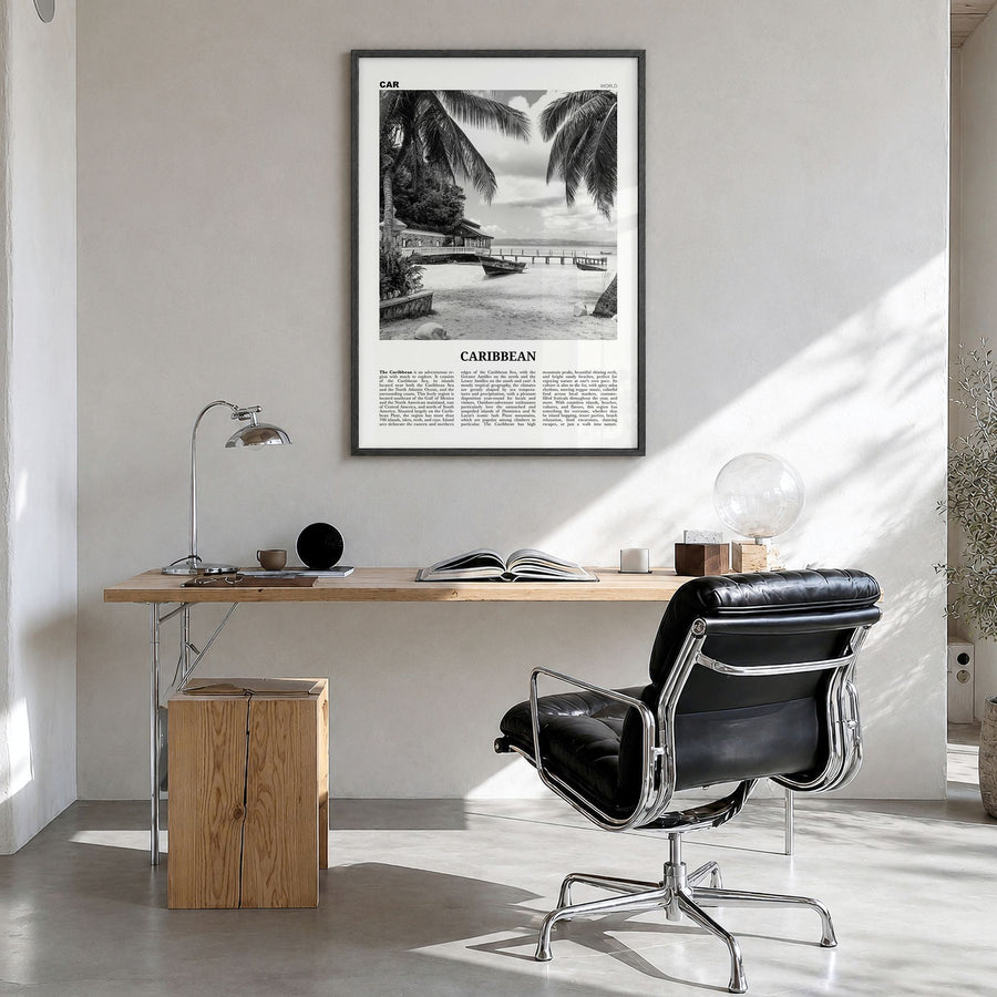 Caribbean Newspaper No 1 Poster in a black wood frame, hanging in a bright home office
