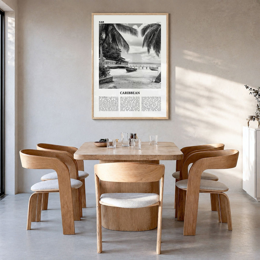 Caribbean Newspaper No 1 Poster in a natural wood frame, hanging in a dining room