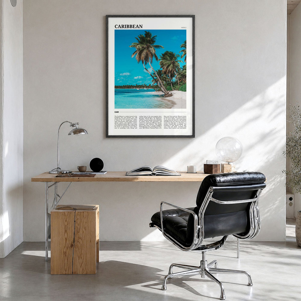 Caribbean Travel No 1 Poster in a black wood frame, hanging in a bright home office