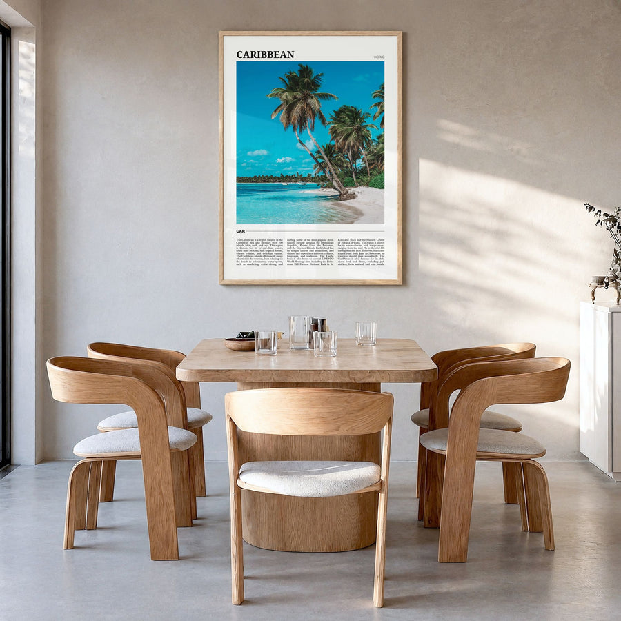 Caribbean Travel No 1 Poster in a natural wood frame, hanging in a dining room