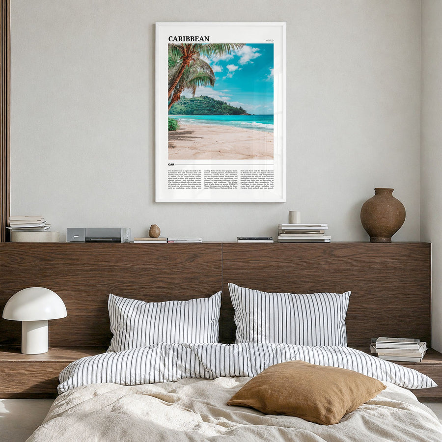 Caribbean Travel No 2 Poster in a white wood frame, hanging in a bedroom