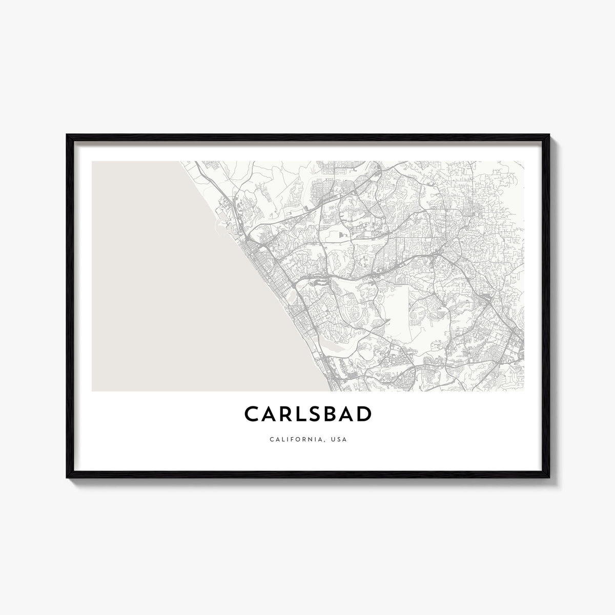 Carlsbad black & white map poster of California, USA – horizontal wall art, unframed print shown in interior mockup
