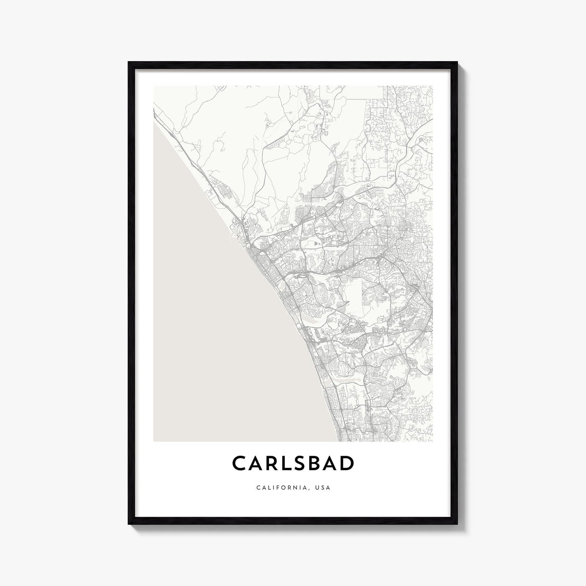 Carlsbad black & white map poster of California, USA – vertical wall art, unframed print shown in interior mockup