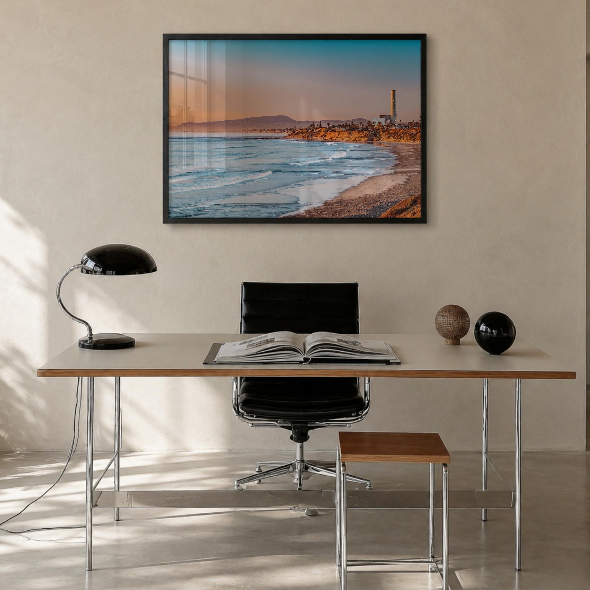 Carlsbad colorful photo poster of California, USA – horizontal wall art in black wood frame, hanging on wall