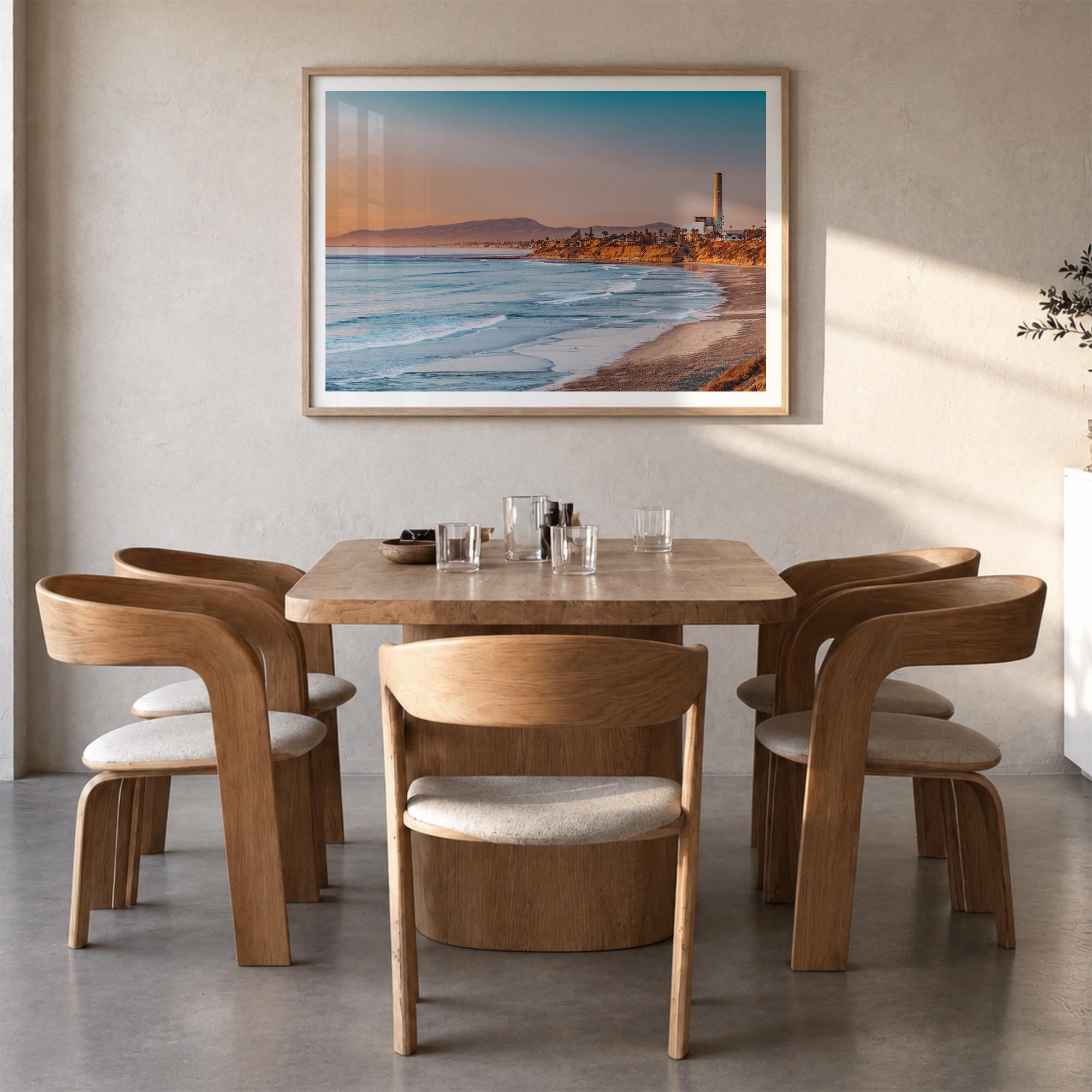 Carlsbad colorful photo poster of California, USA – horizontal wall art in natural wood frame with white border, hanging on w