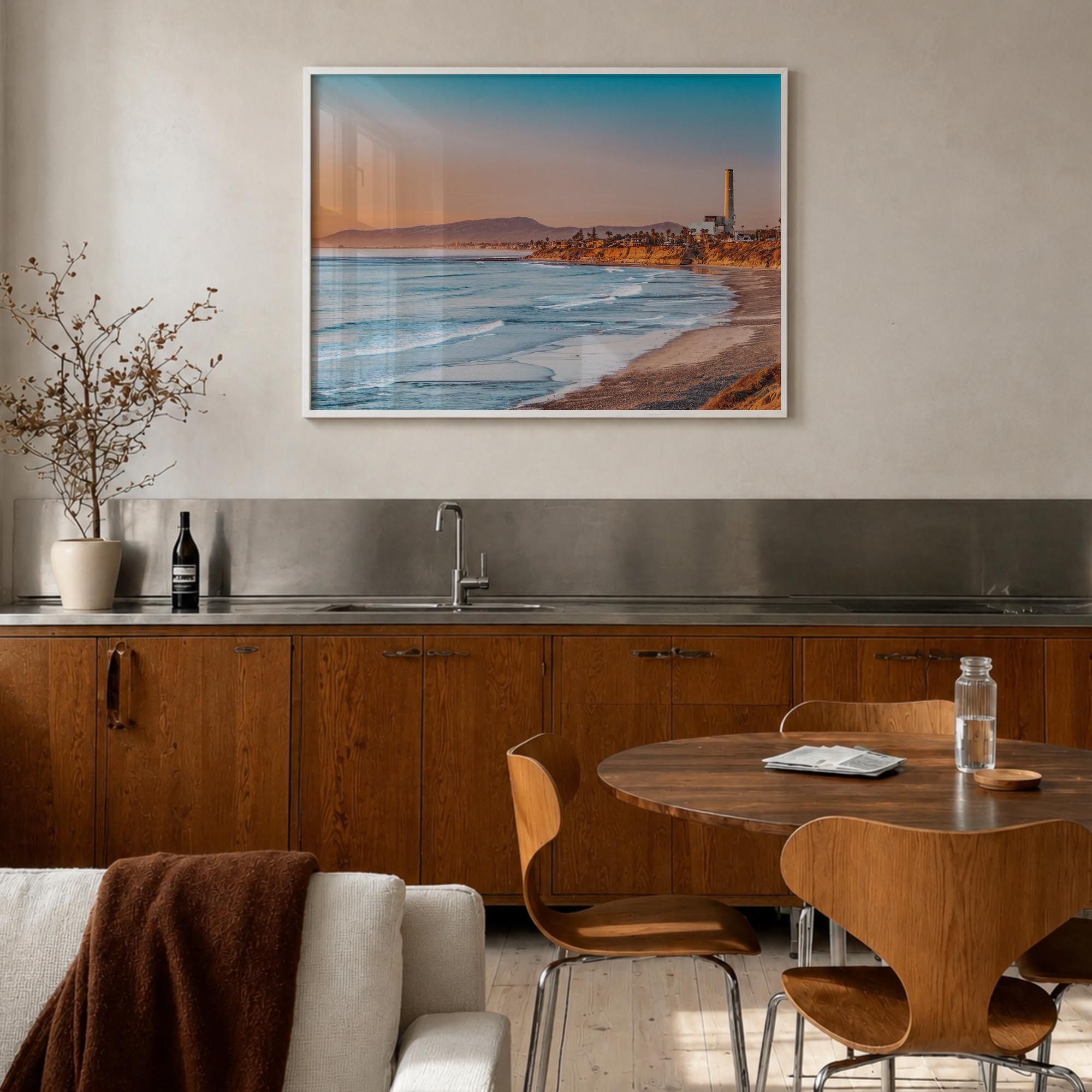 Carlsbad colorful photo poster of California, USA – horizontal wall art in white wood frame, hanging on wall