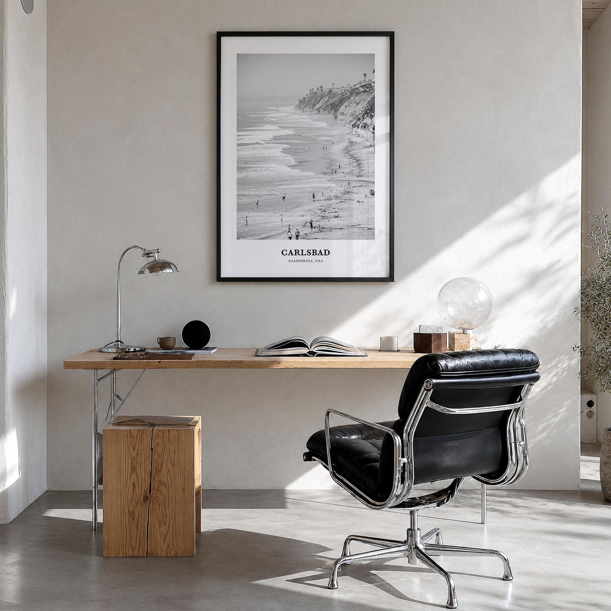 Carlsbad no. 1 black & white classic poster of California, USA – vertical wall art in black wood frame, hanging on wall