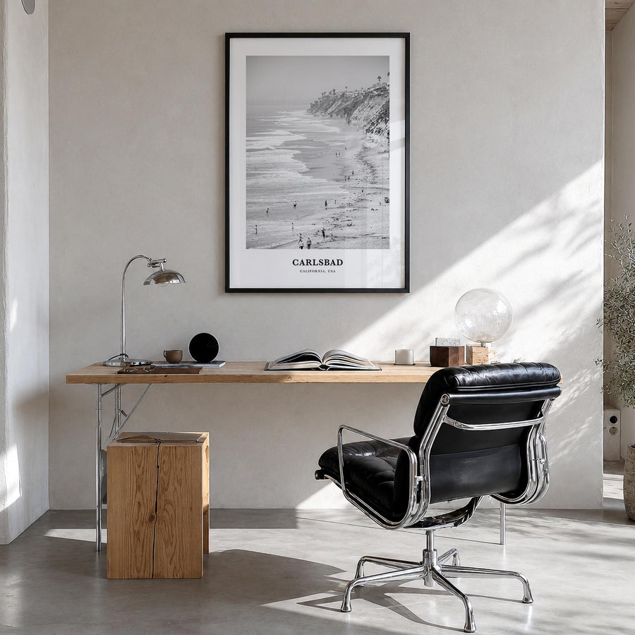 Carlsbad no. 1 black & white classic poster of California, USA – vertical wall art in black wood frame, hanging on wall