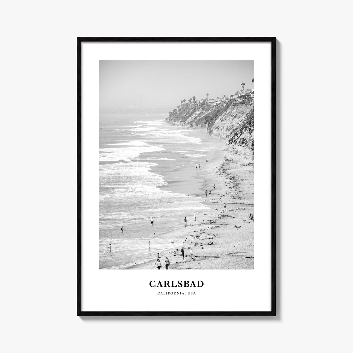 Carlsbad no. 1 black & white classic poster of California, USA – vertical wall art, unframed print shown in interior mockup