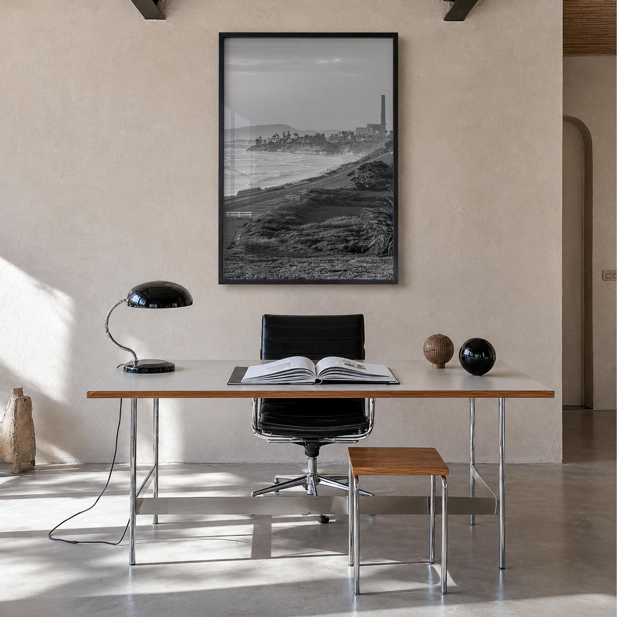 Carlsbad no. 1 black & white photo poster of California, USA – vertical wall art in black wood frame, hanging on wall