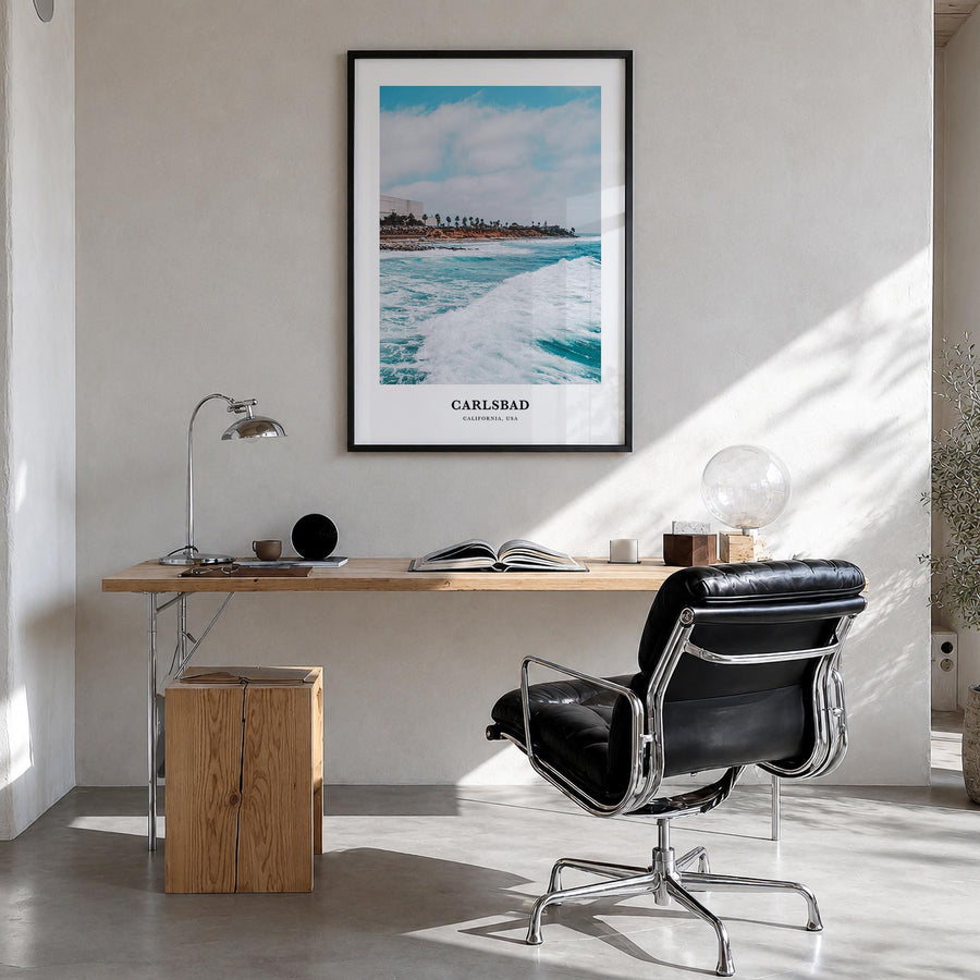 Carlsbad no. 1 colorful classic poster of California, USA – vertical wall art in black wood frame, hanging on wall
