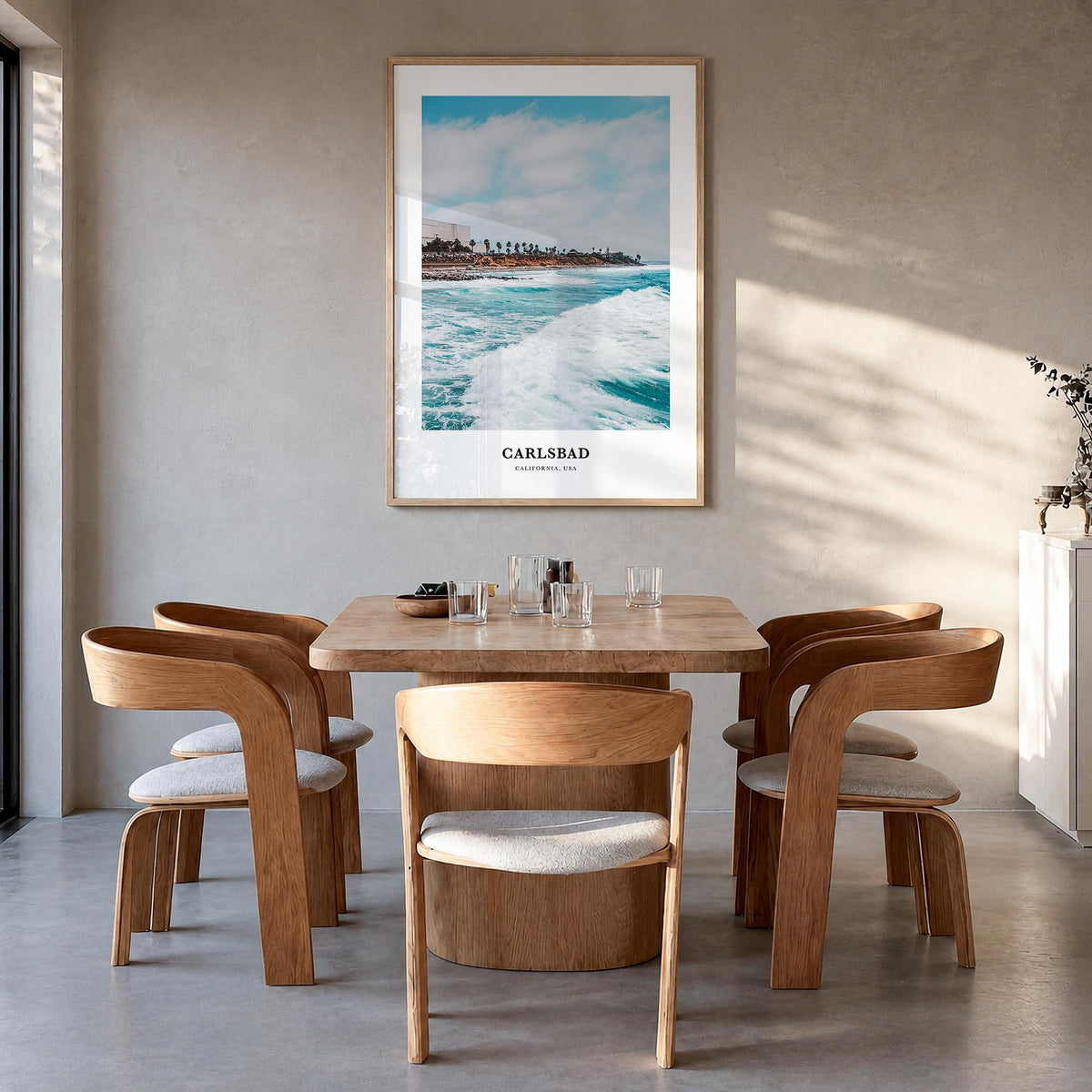 Carlsbad no. 1 colorful classic poster of California, USA – vertical wall art in natural wood frame, hanging on wall