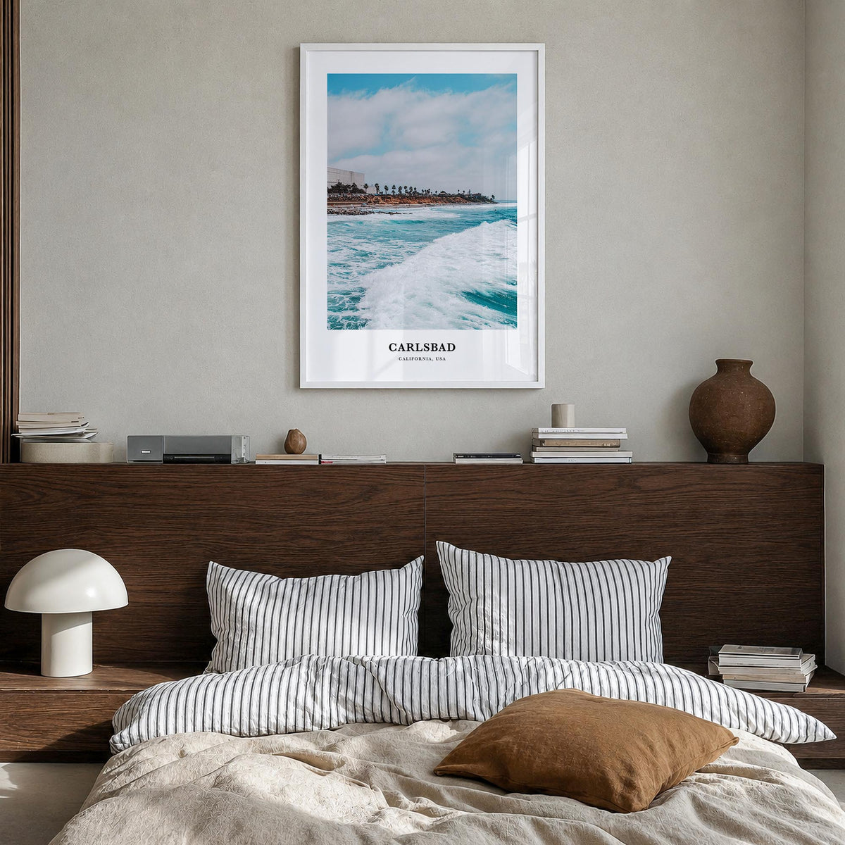Carlsbad no. 1 colorful classic poster of California, USA – vertical wall art in white wood frame, hanging on wall