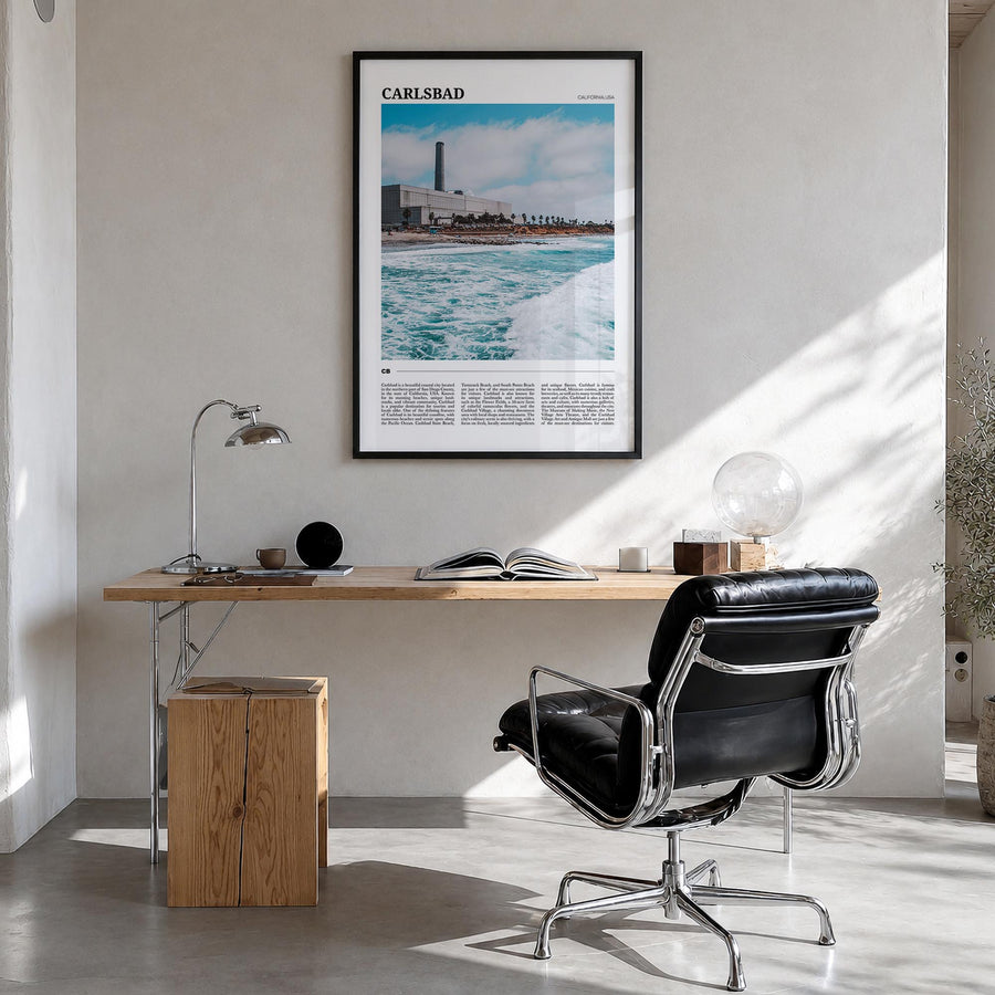 Carlsbad no. 1 colorful travel poster of California, USA – vertical wall art in black wood frame, hanging on wall