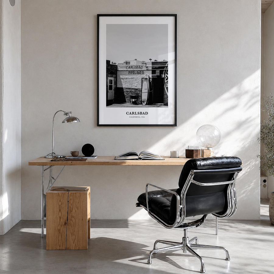 Carlsbad no. 2 black & white classic poster of California, USA – vertical wall art in black wood frame, hanging on wall