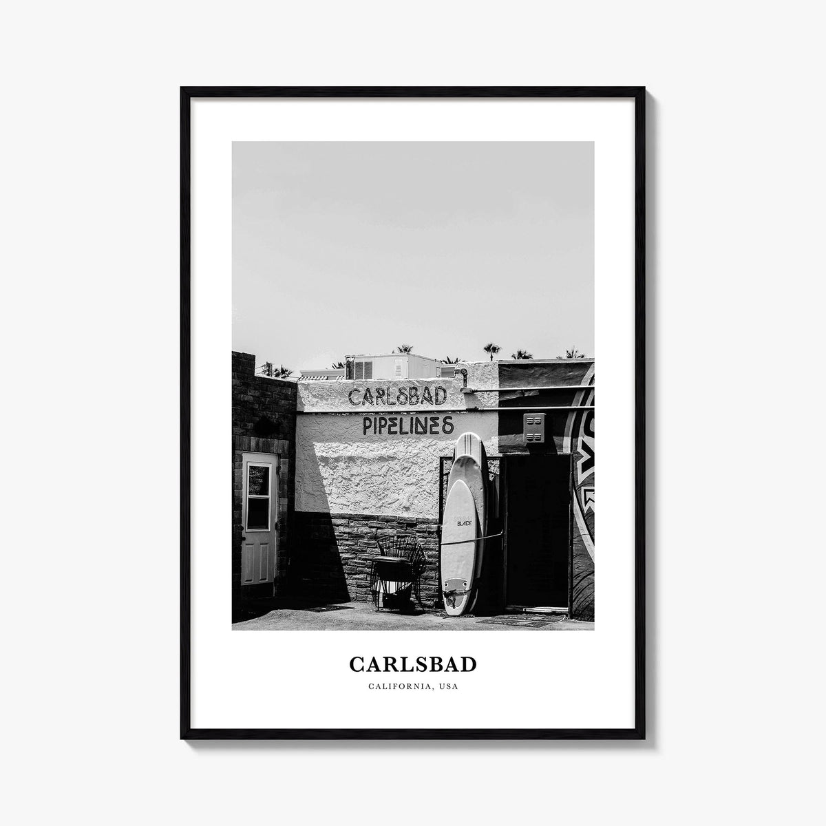 Carlsbad no. 2 black & white classic poster of California, USA – vertical wall art, unframed print shown in interior mockup