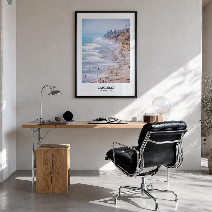Carlsbad no. 2 colorful classic poster of California, USA – vertical wall art in black wood frame, hanging on wall