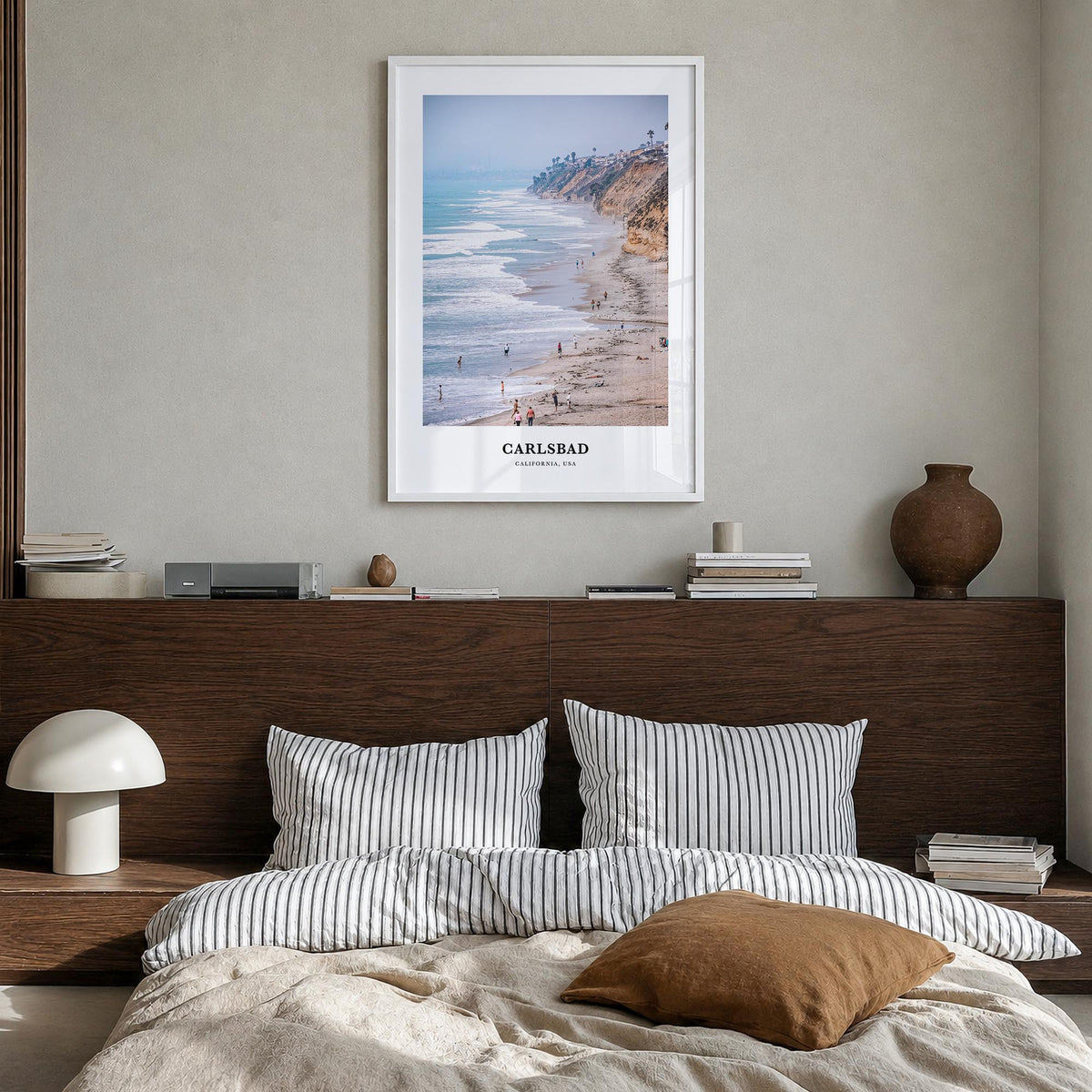 Carlsbad no. 2 colorful classic poster of California, USA – vertical wall art in white wood frame, hanging on wall