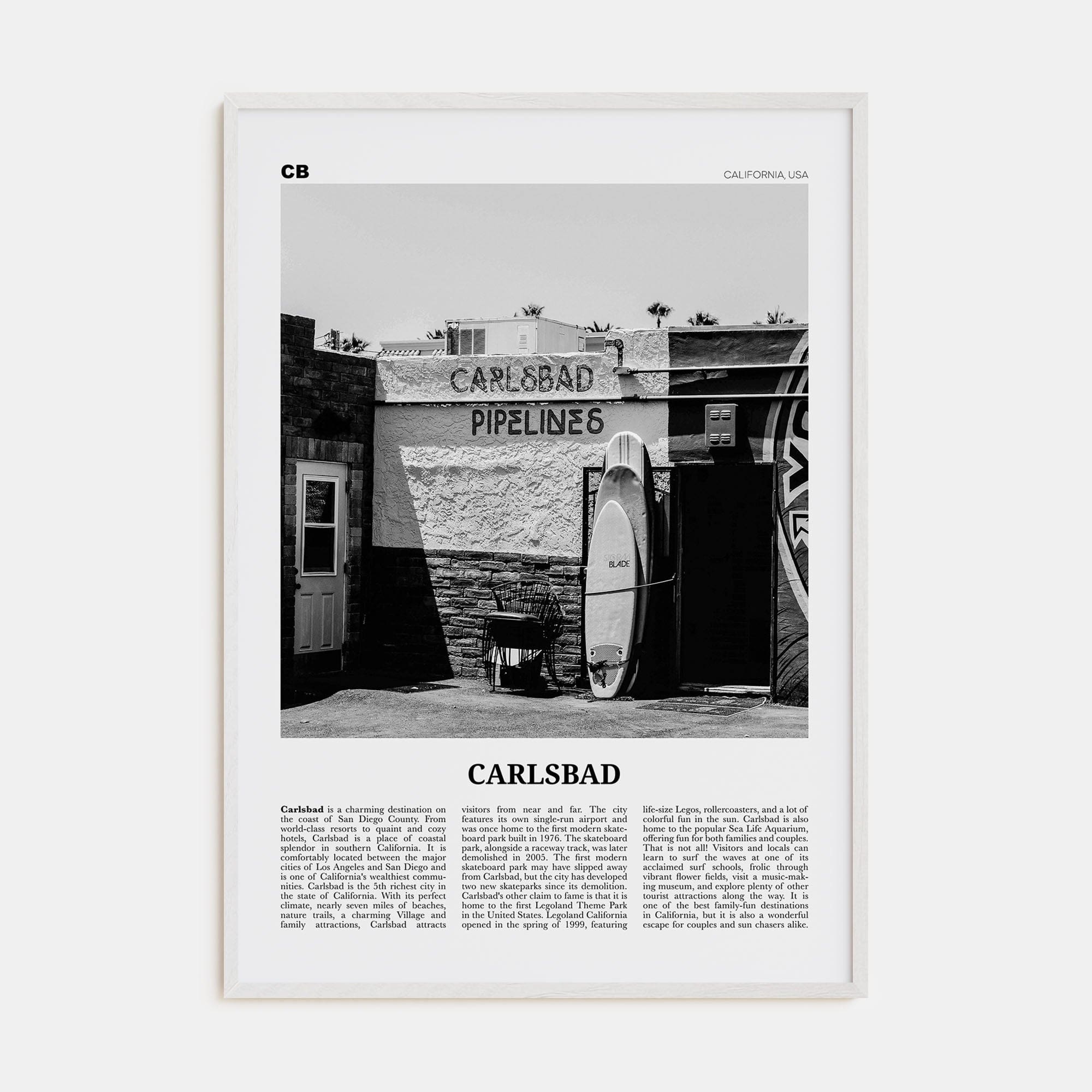 Carlsbad No 2 Poster White Wood / 8x12 in Nbourhood Travel B&W Poster