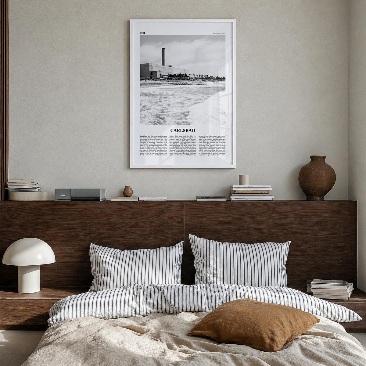 Carlsbad no. 3 black & white newspaper poster of California, USA – vertical wall art in white wood frame, hanging on wall