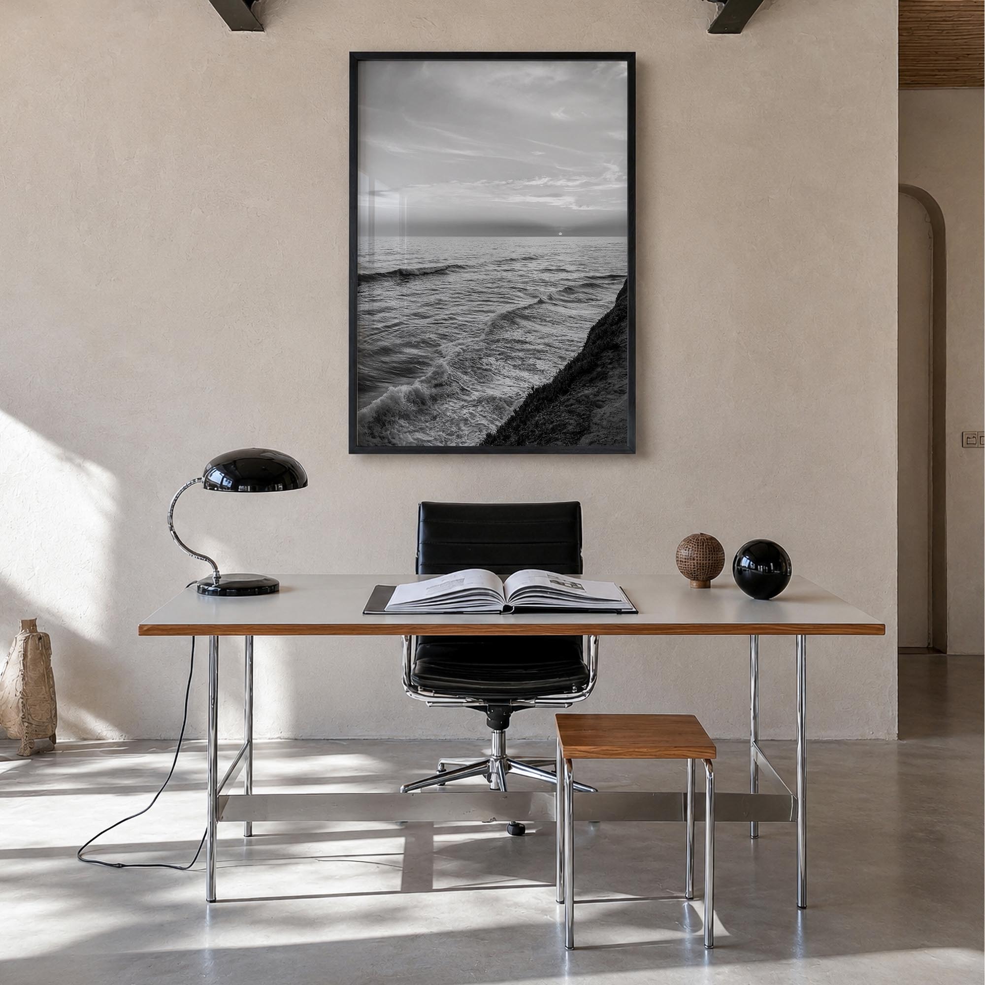 Carlsbad no. 3 black & white photo poster of California, USA – vertical wall art in black wood frame, hanging on wall
