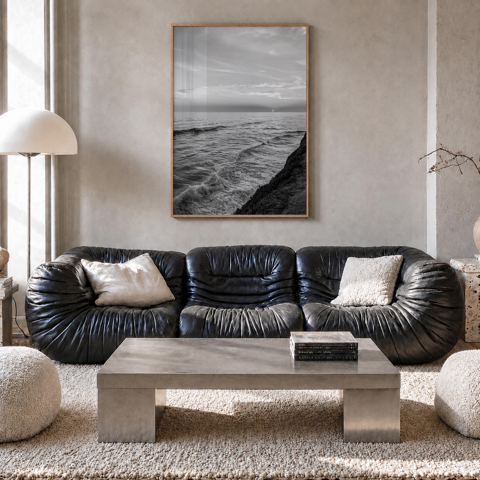 Carlsbad no. 3 black & white photo poster of California, USA – vertical wall art in natural wood frame, hanging on wall