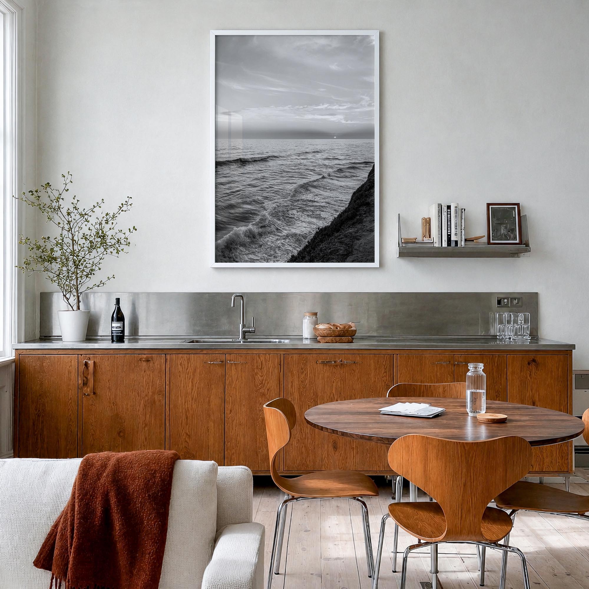 Carlsbad no. 3 black & white photo poster of California, USA – vertical wall art in white wood frame, hanging on wall