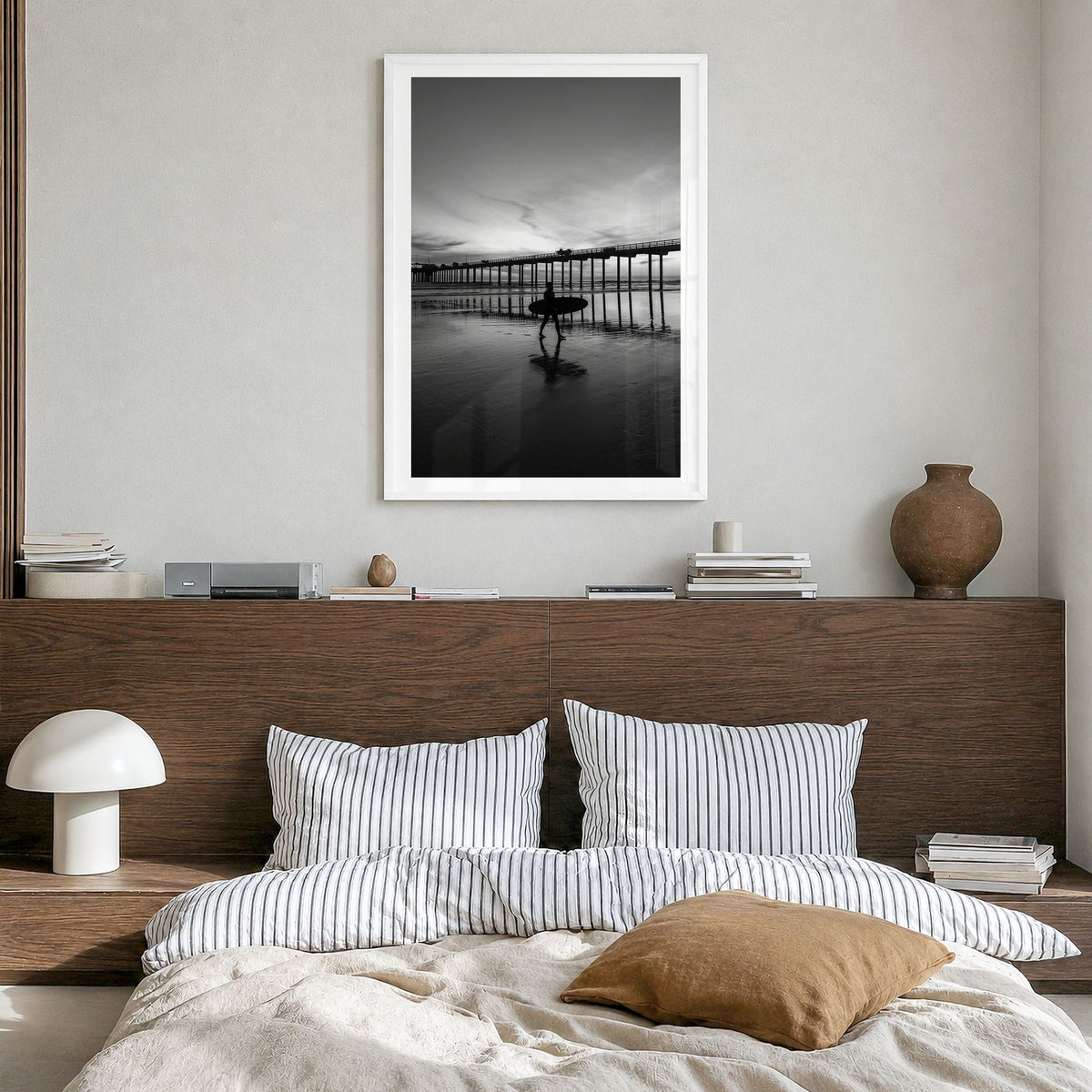 Carlsbad Photo No 2 Poster in a white wood frame, hanging in a bedroom, white border