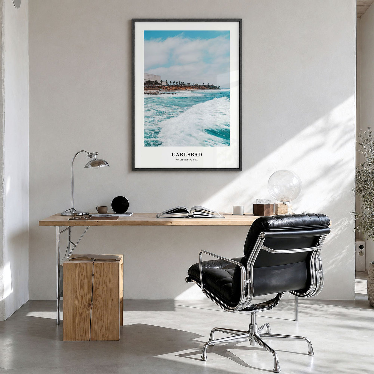 Carlsbad Classic No 1 Poster in a black wood frame, hanging in a bright home office