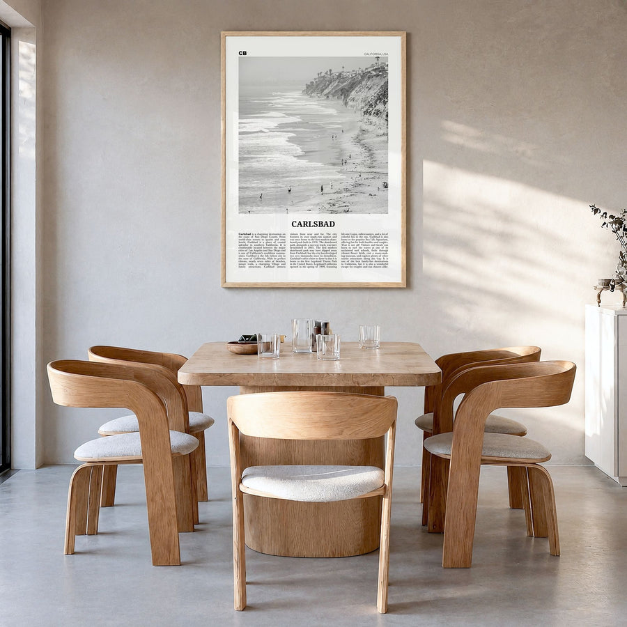 Carlsbad Newspaper No 1 Poster in a natural wood frame, hanging in a dining room