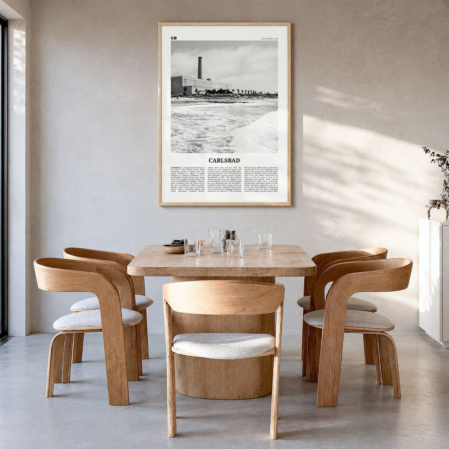 Carlsbad Newspaper No 3 Poster in a natural wood frame, hanging in a dining room