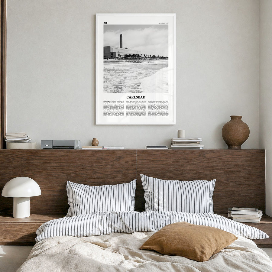 Carlsbad Newspaper No 3 Poster in a white wood frame, hanging in a bedroom