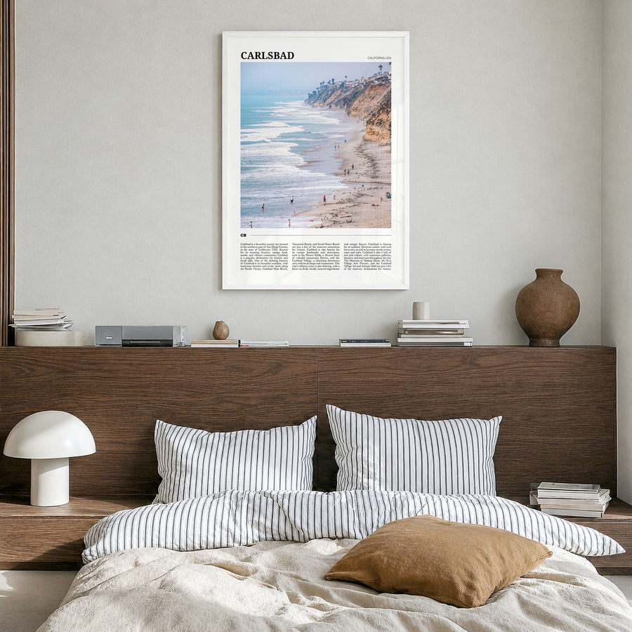 Carlsbad Travel No 2 Poster in a white wood frame, hanging in a bedroom