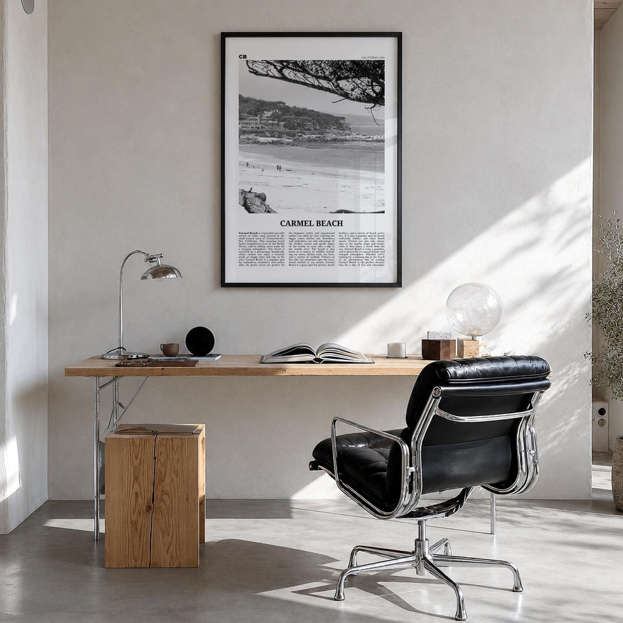 Carmel Beach black & white newspaper poster of California, USA – vertical wall art in black wood frame, hanging on wall