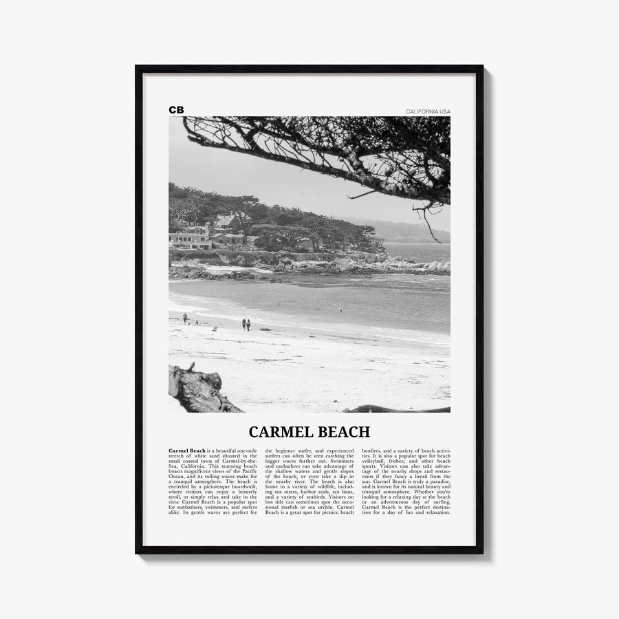 Carmel Beach black & white newspaper poster of California, USA – vertical wall art, unframed print shown in interior mockup