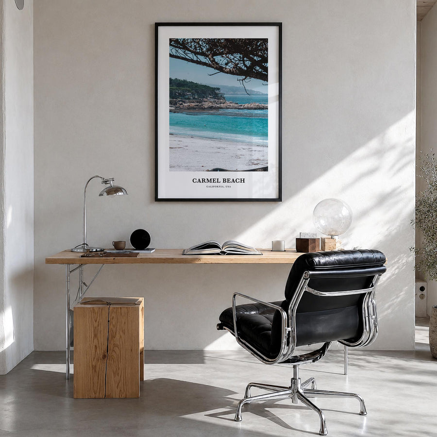 Carmel Beach colorful classic poster of California, USA – vertical wall art in black wood frame, hanging on wall