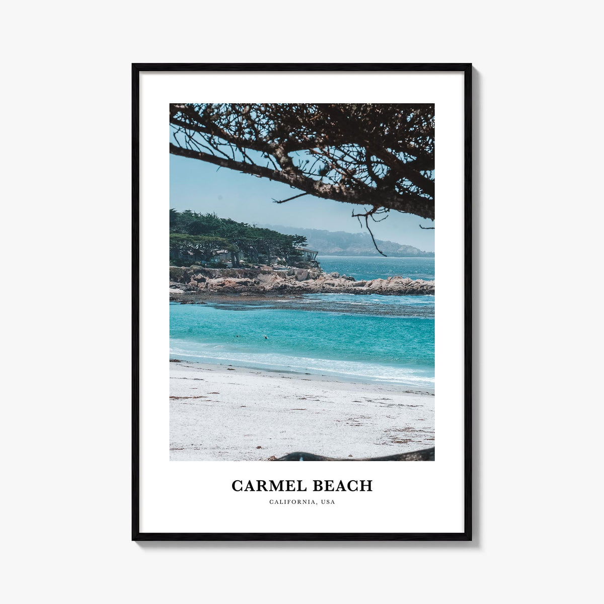 Carmel Beach colorful classic poster of California, USA – vertical wall art, unframed print shown in interior mockup