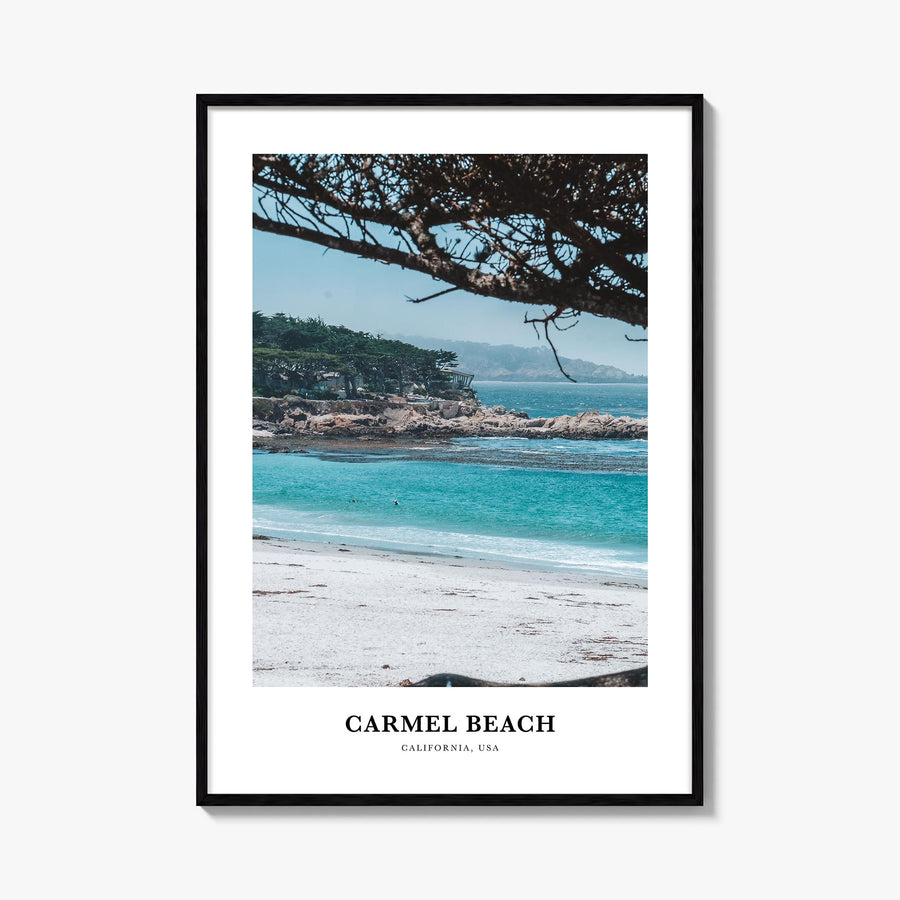 Carmel Beach colorful classic poster of California, USA – vertical wall art, unframed print shown in interior mockup