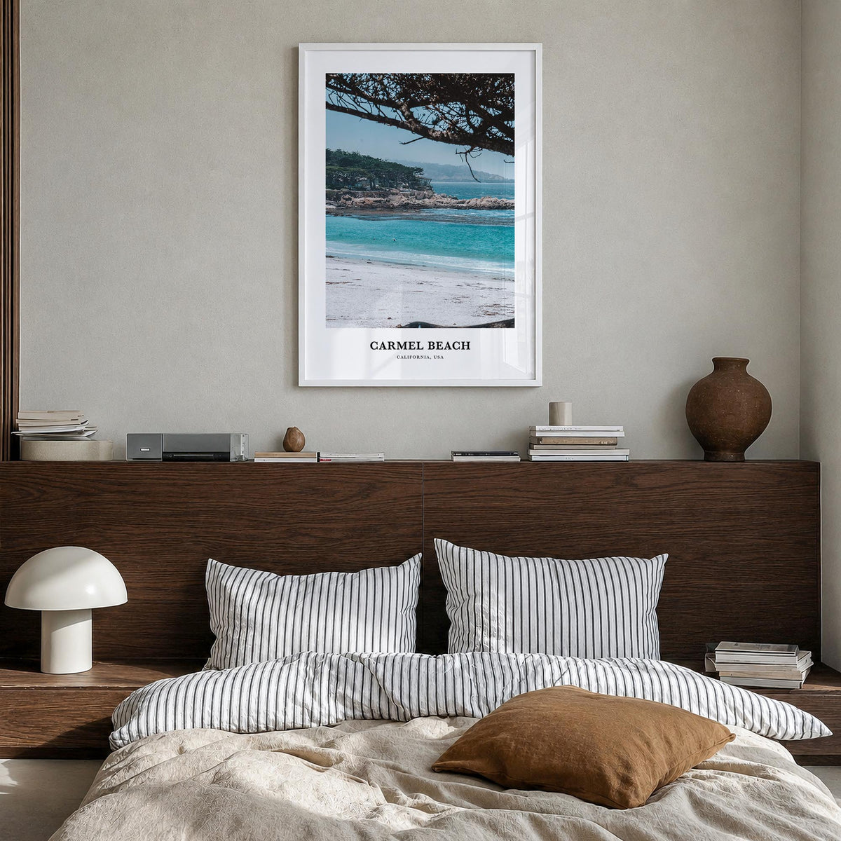 Carmel Beach colorful classic poster of California, USA – vertical wall art in white wood frame, hanging on wall