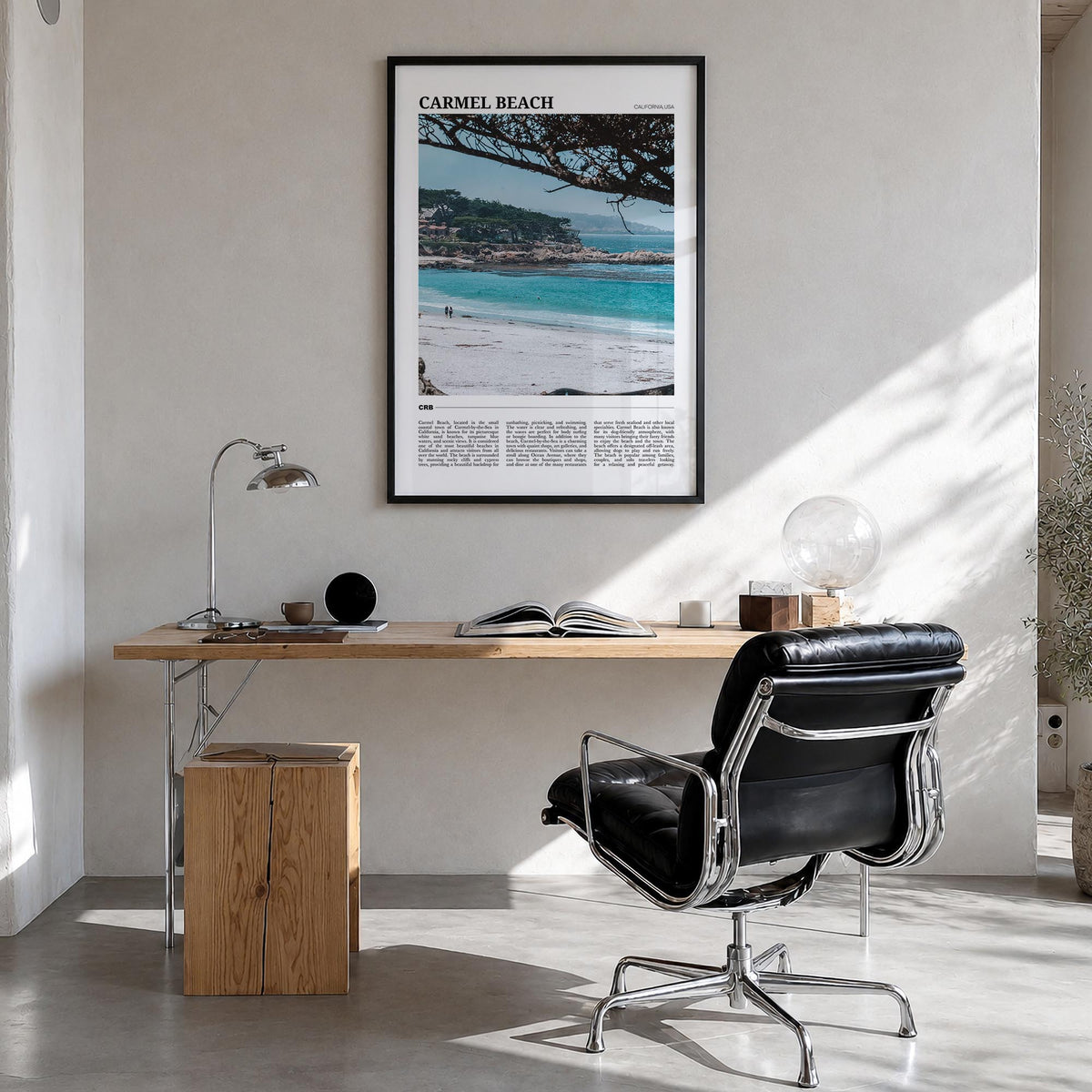 Carmel Beach colorful travel poster of California, USA – vertical wall art in black wood frame, hanging on wall