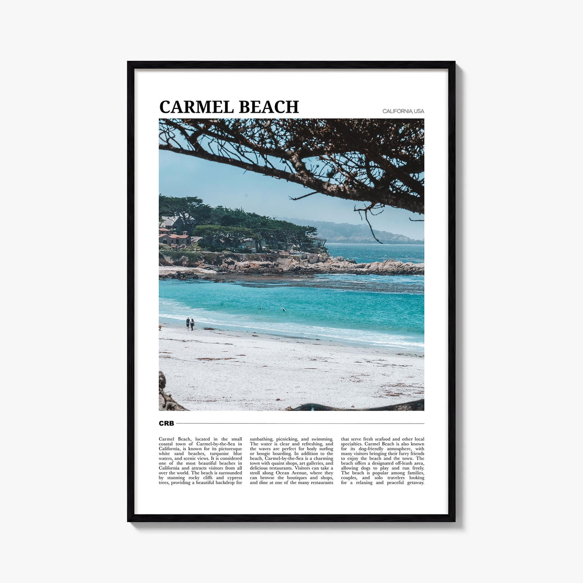 Carmel Beach colorful travel poster of California, USA – vertical wall art, unframed print shown in interior mockup