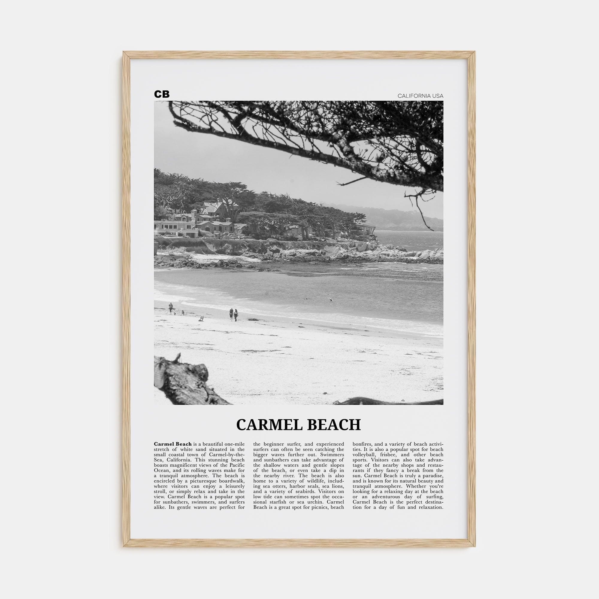 Carmel Beach Poster Natural Wood / 8x12 in Nbourhood Travel B&W Poster