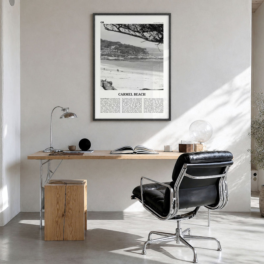 Carmel Beach Newspaper Poster in a black wood frame, hanging in a bright home office