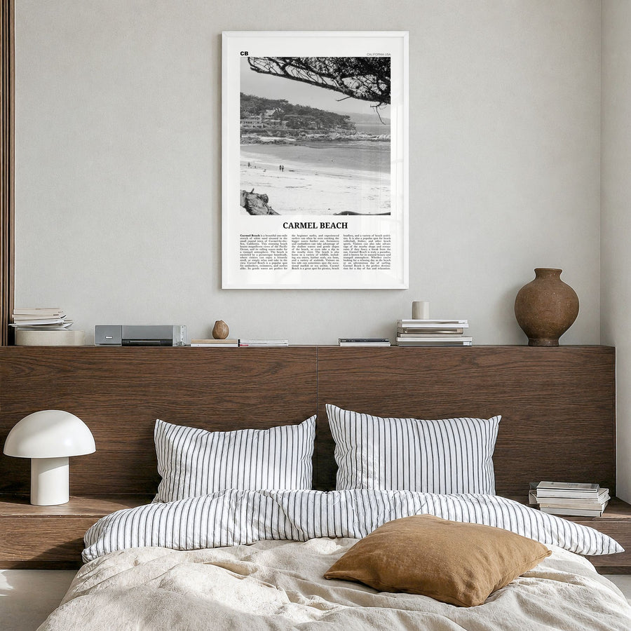 Carmel Beach Newspaper Poster in a white wood frame, hanging in a bedroom
