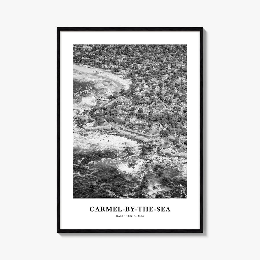 Carmel-by-the-Sea black & white classic poster of California, USA – vertical wall art, unframed print shown in interior mocku