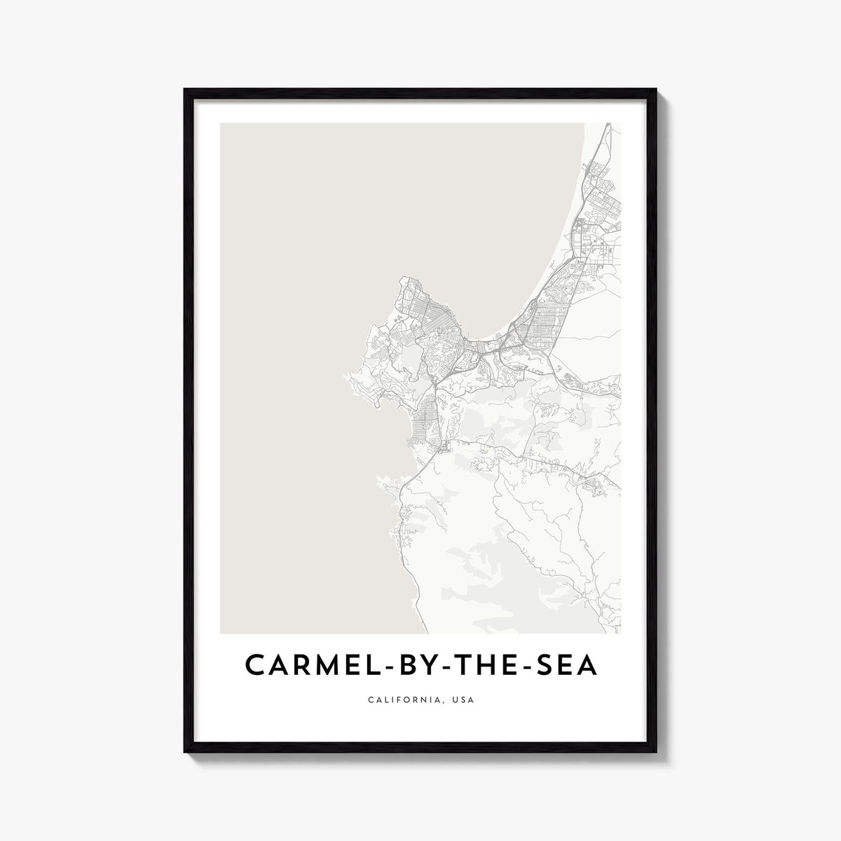 Carmel-by-the-Sea black & white map poster of California, USA – vertical wall art, unframed print shown in interior mockup