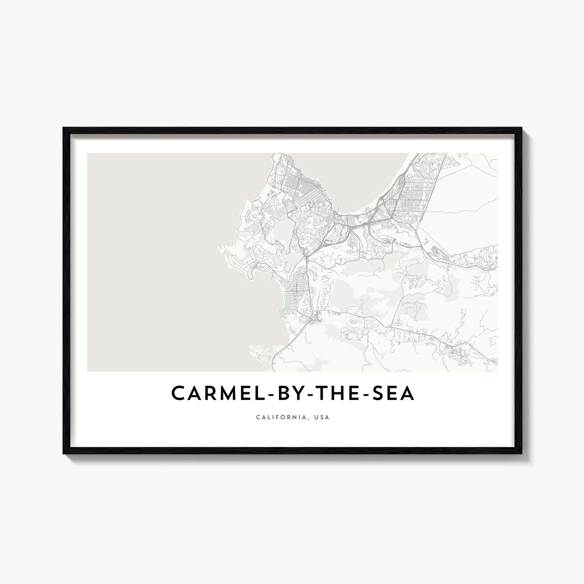 Carmel-by-the-Sea black & white map poster of California, USA – horizontal wall art, unframed print shown in interior mockup